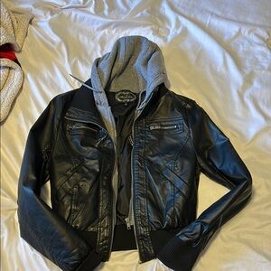 Black Bomber Jacket with Hood and Zipper Closure